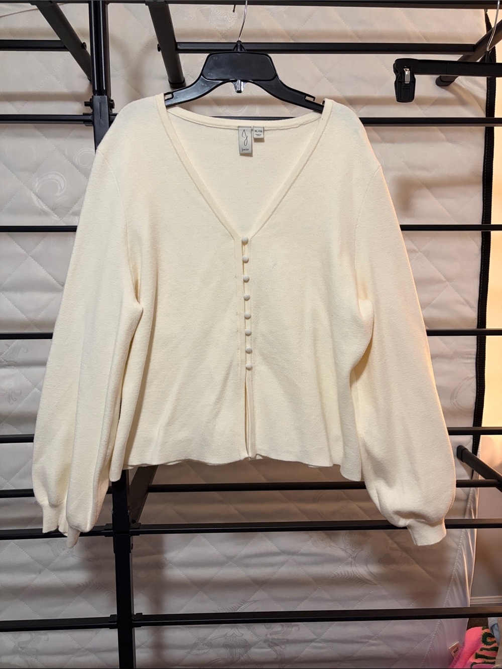Joie Cream V-Neck Balloon Sleeve Button-Front Sweater